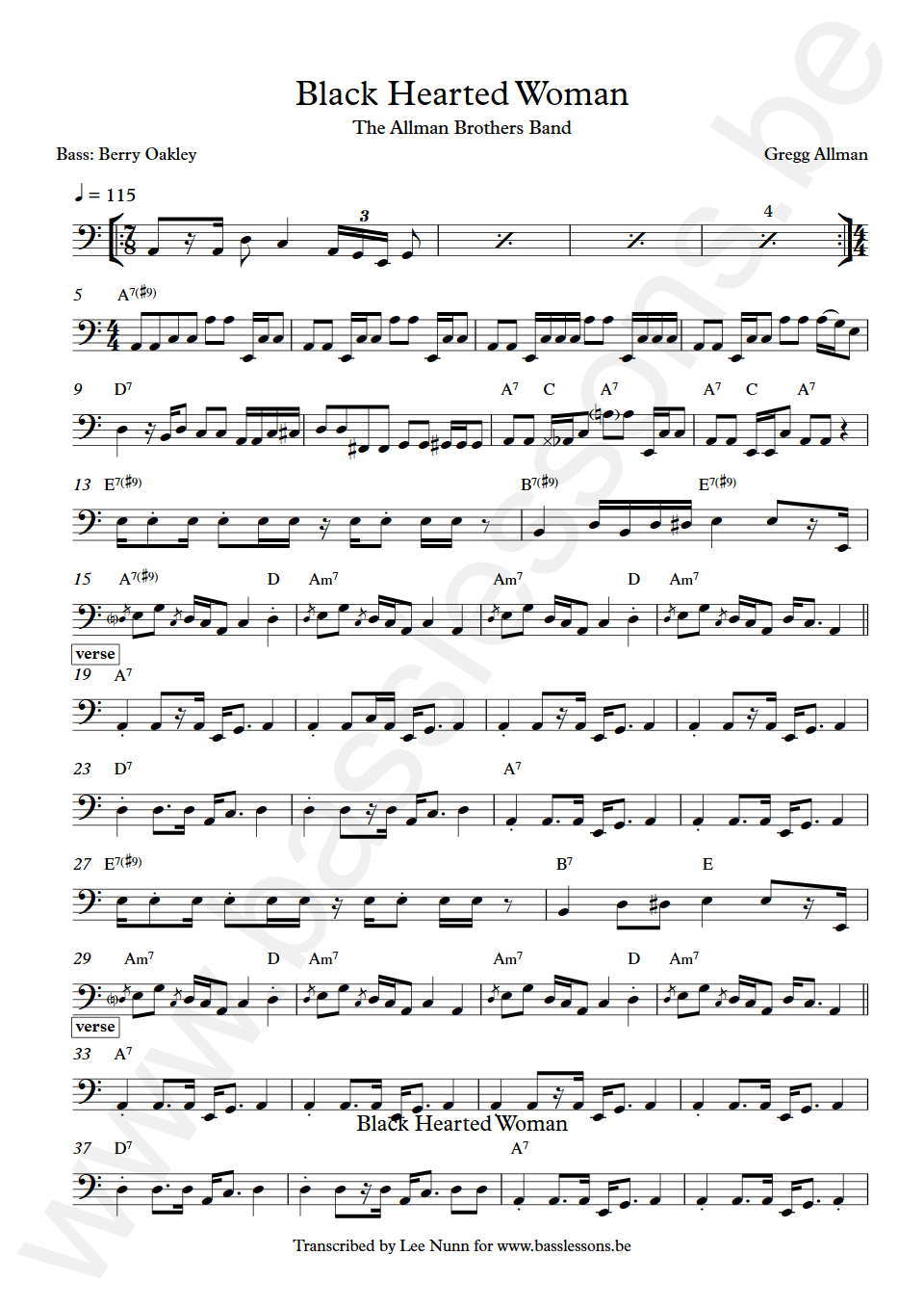 The Allman Brothers Band Black hearted woman Berry Oakley Bass Transcription