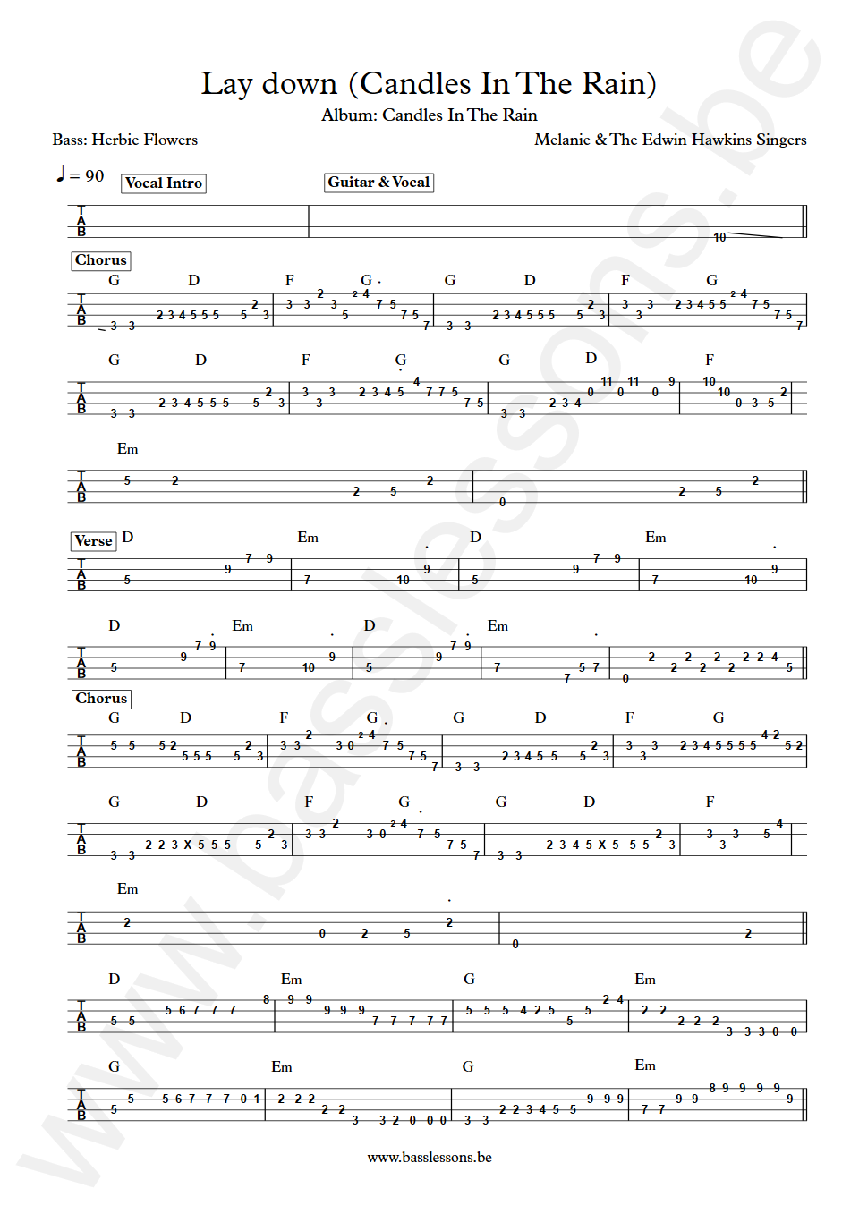 Melanie & The Edwin Hawkins Singers Lay down (Candles In The Rain) Herbie Flowers Bass Tab