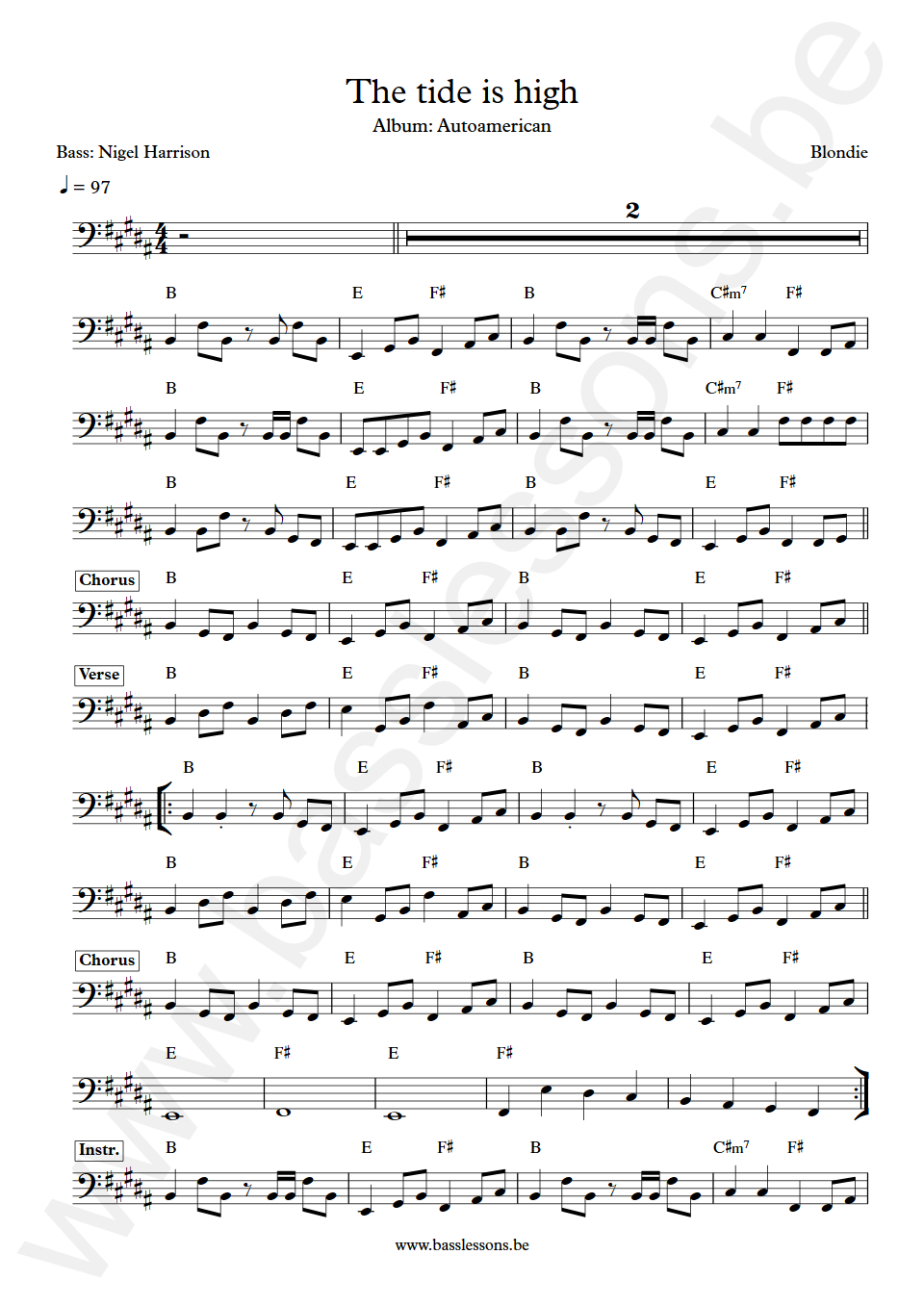 Blondie The tide is high Nigel Harrison Bass Transcription