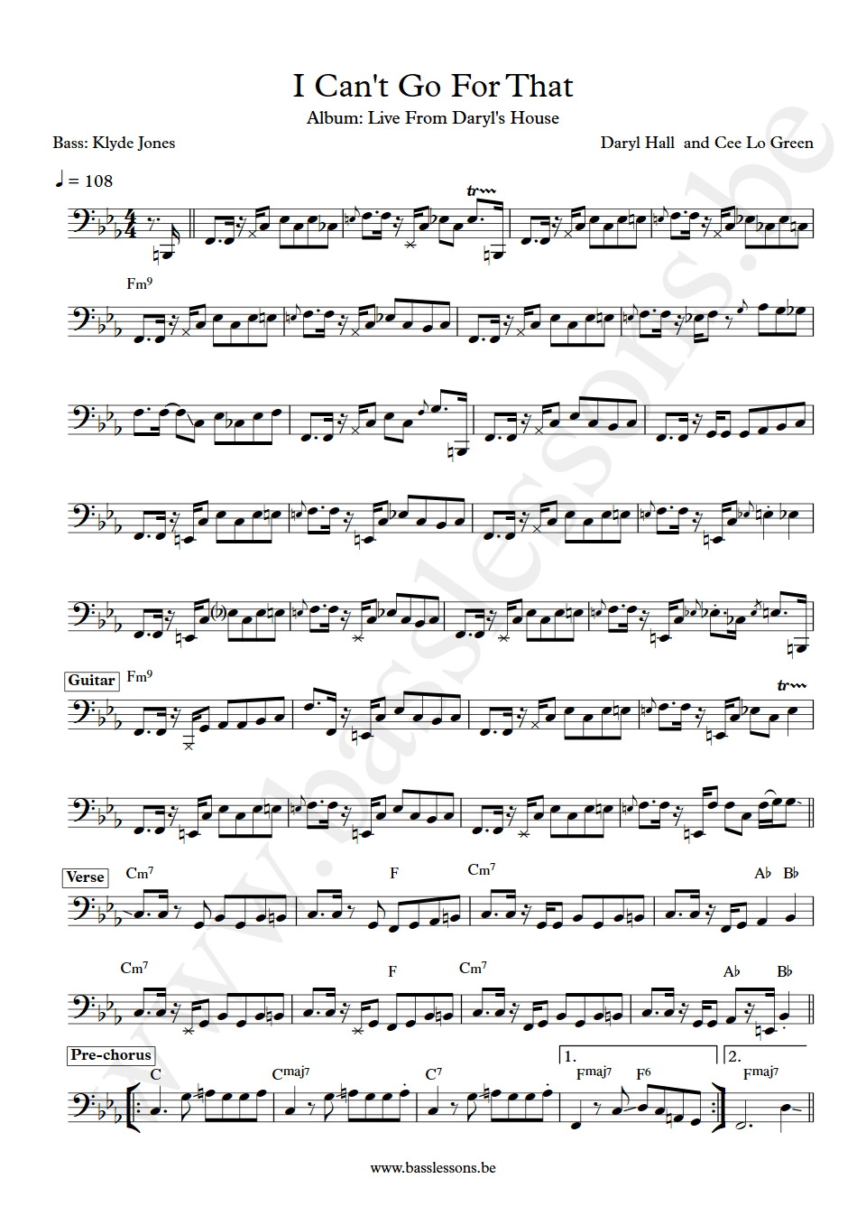 Daryl Hall  and Cee Lo Green I Can't Go For That Klyde Jones Bass Transcription