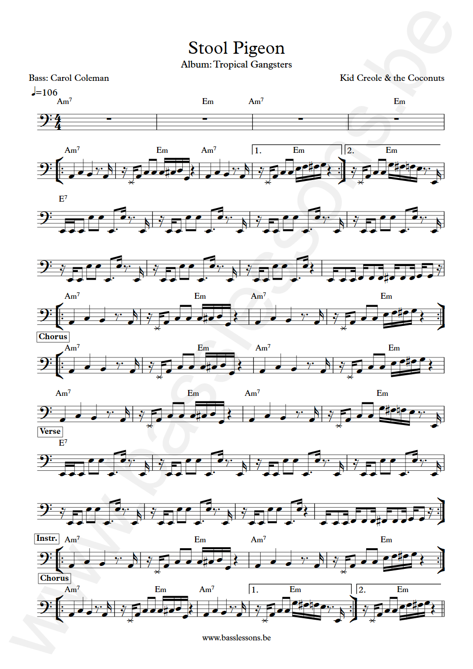 Kid Creole & The Coconuts Stool Pigeon Carol Coleman Bass Transcription