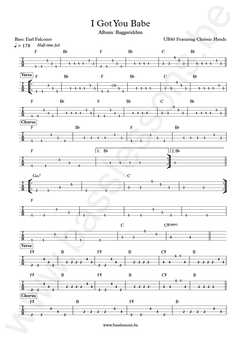 UB40 Featuring Chrissie Hynde I Got You Babe Earl Falconer Bass Tab