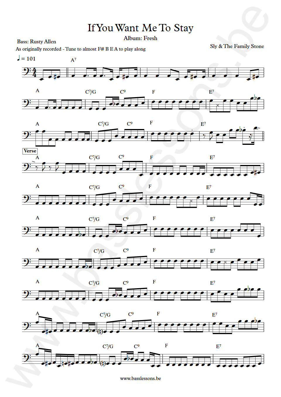 Sly & The Family Stone If You Want Me To Stay Rusty Allen Bass Transcription