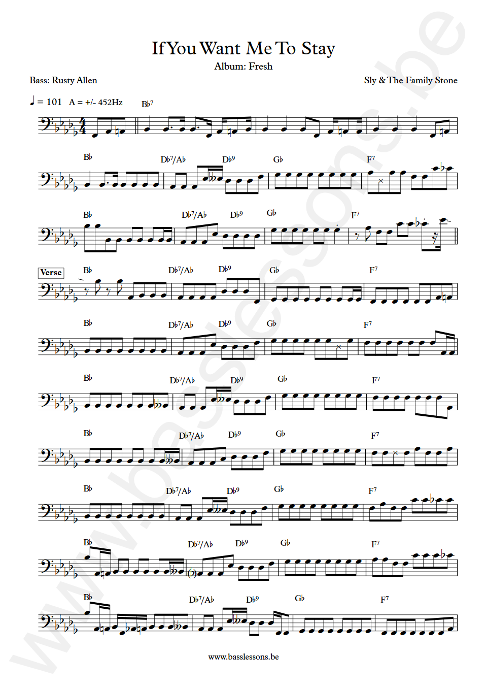 Sly & The Family Stone If You Want Me To Stay Rusty Allen Bass Transcription version 2