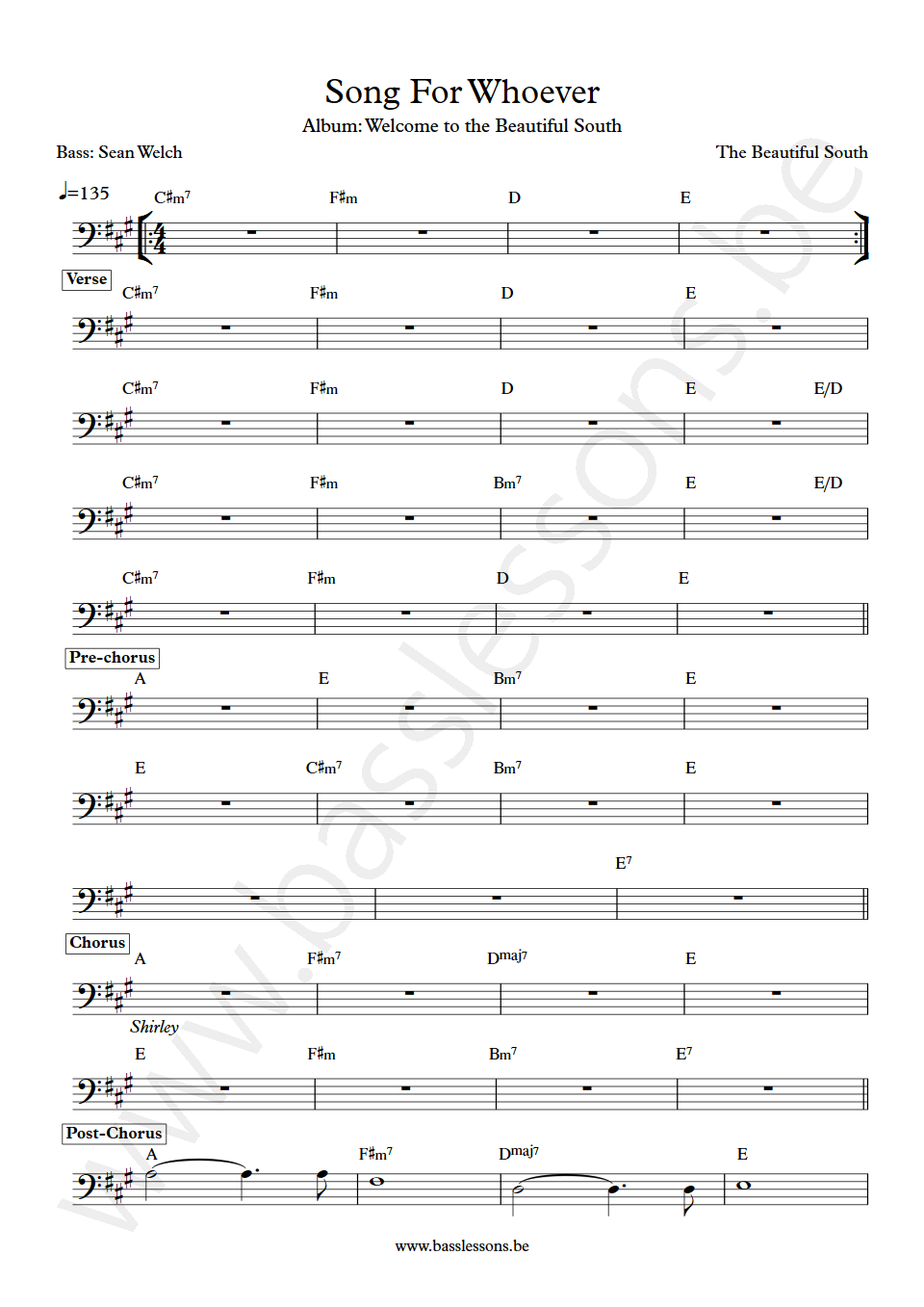 The Beautiful South Song For Whoever Sean Welch Bass Transcription