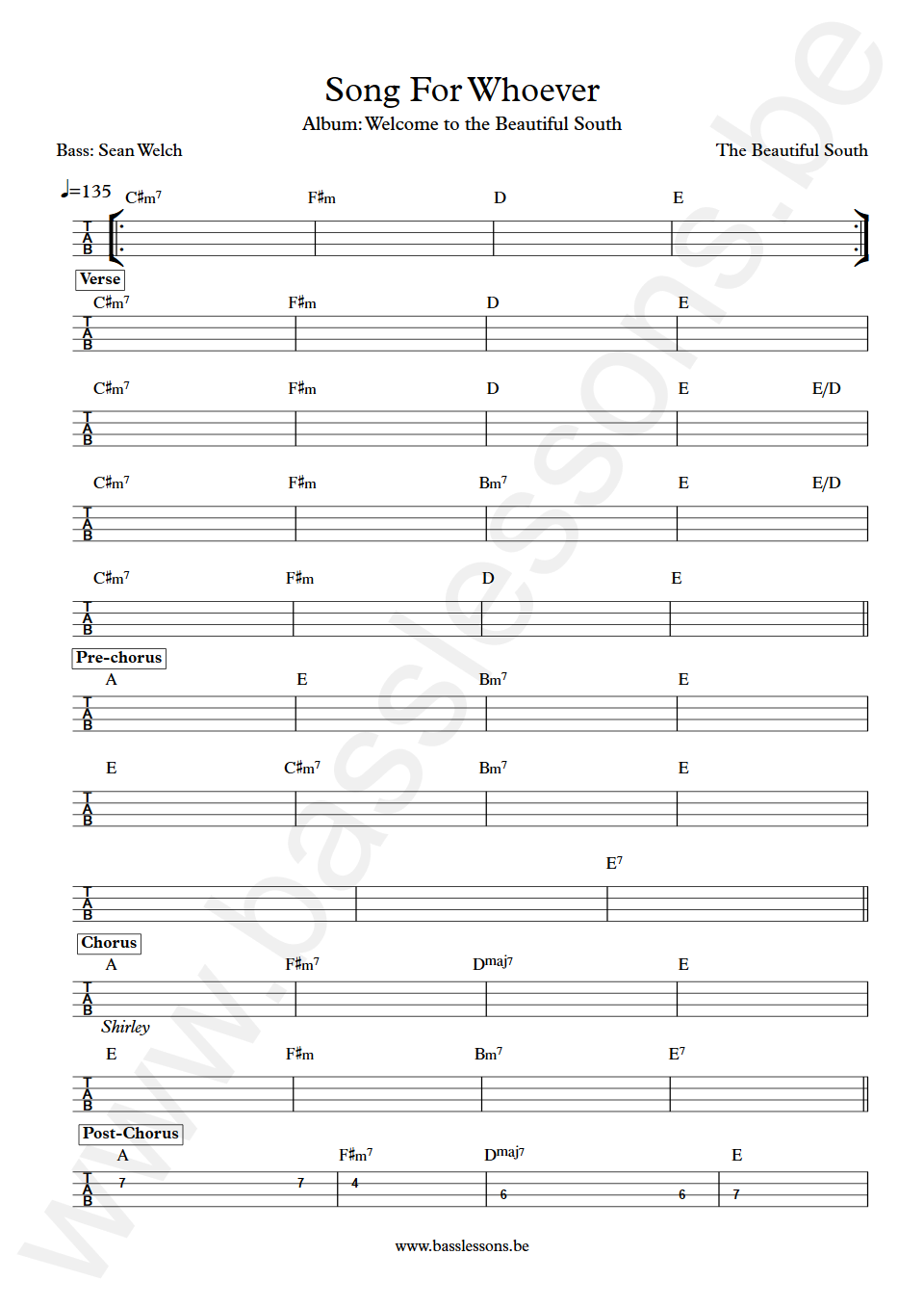 The Beautiful South Song For Whoever Sean Welch Bass Tab