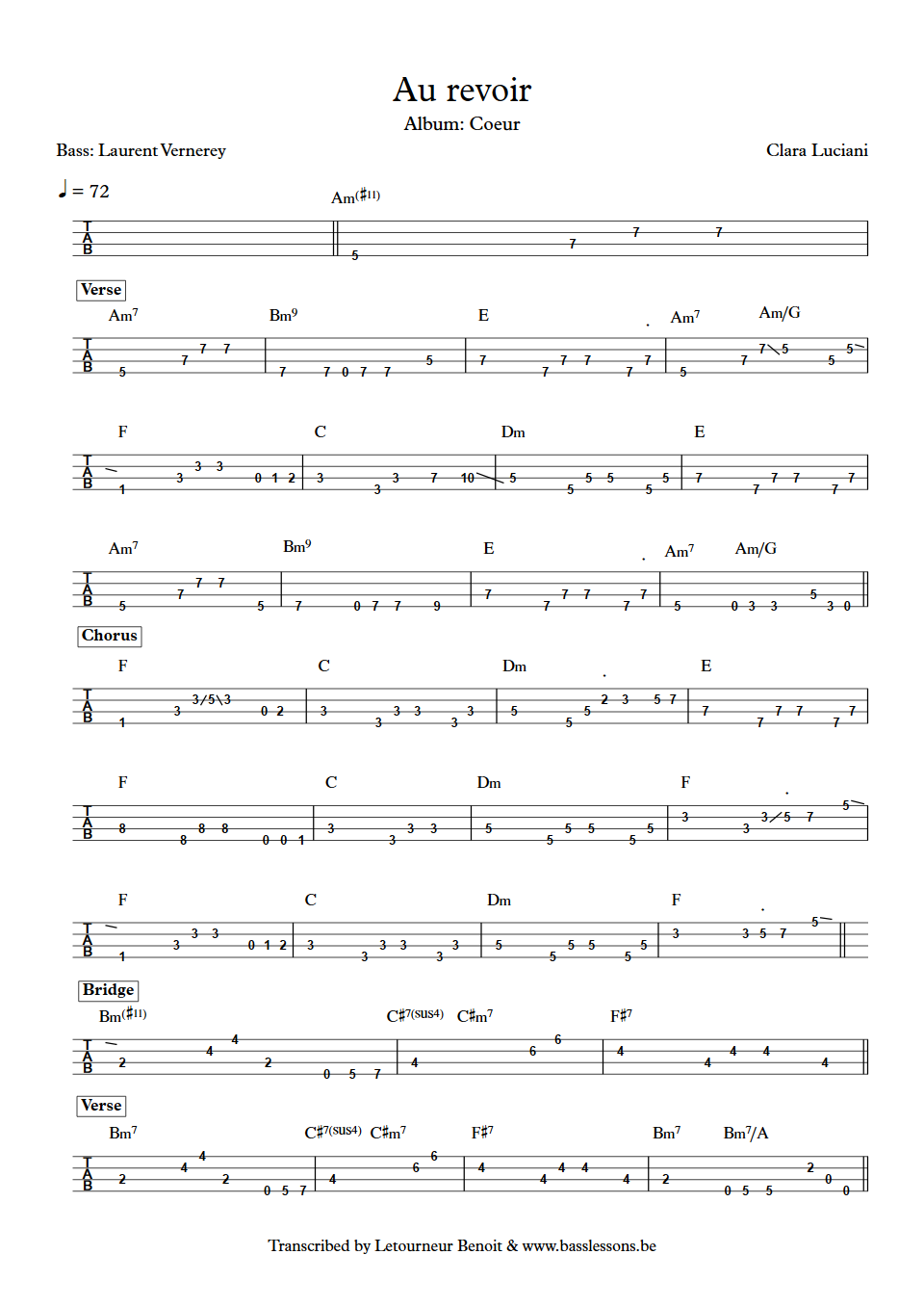 Clara Luciani Au revoir Laurent Vernerey Bass Tab