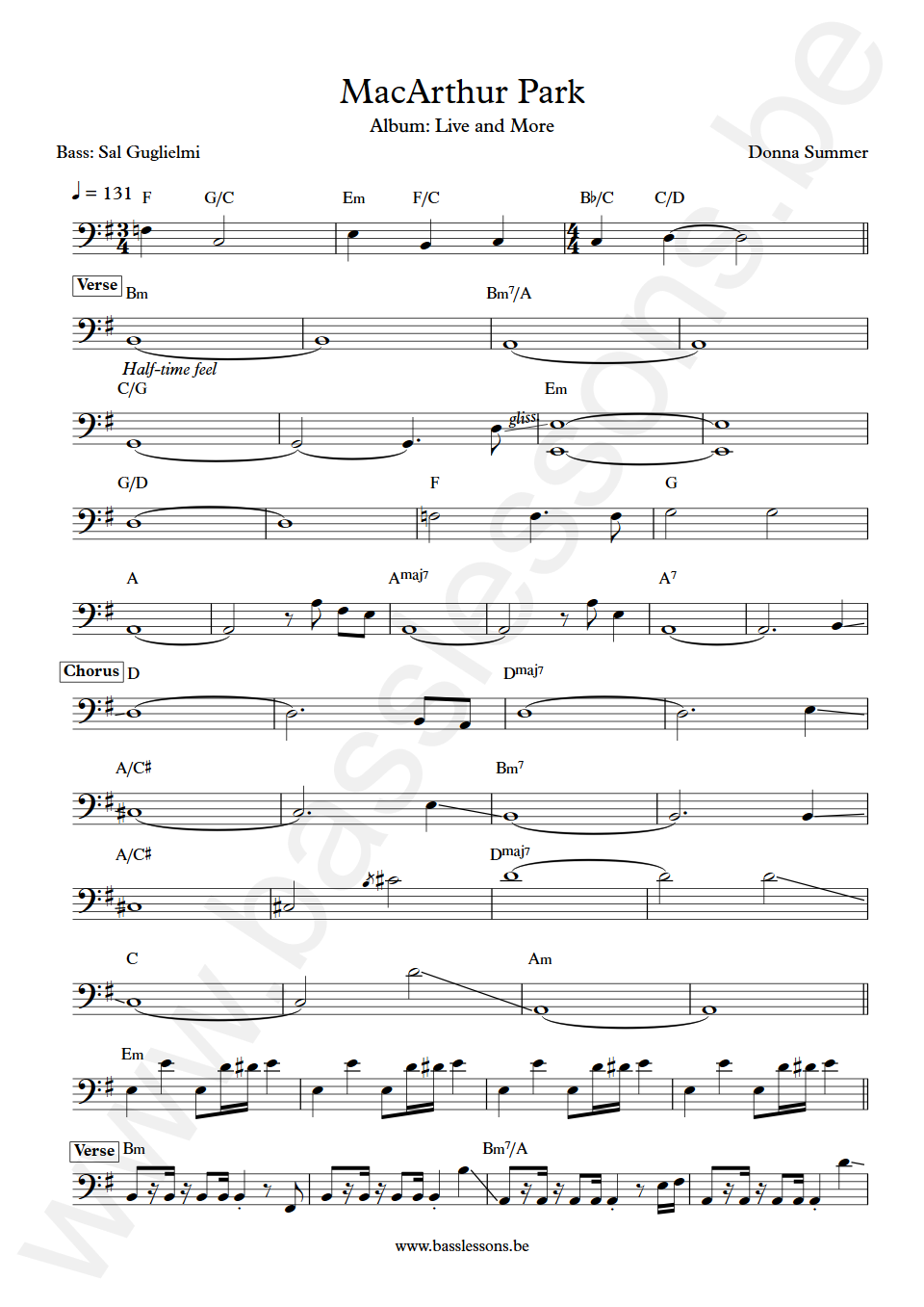Donna Summer MacArthur Park Sal Guglielmi Bass Transcription