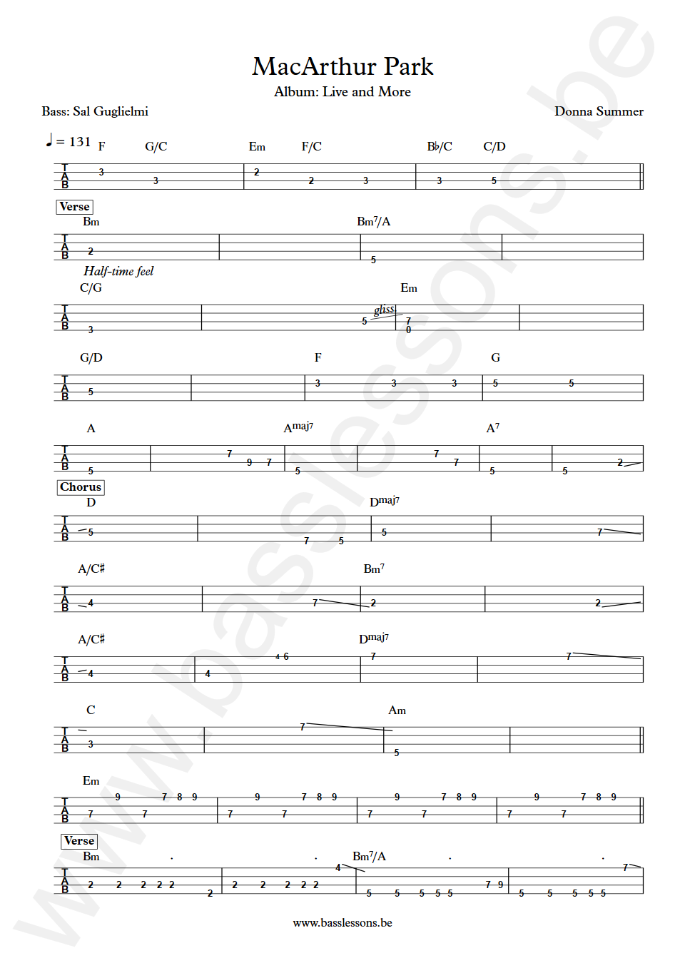 Donna Summer MacArthur Park Sal Guglielmi Bass Tab