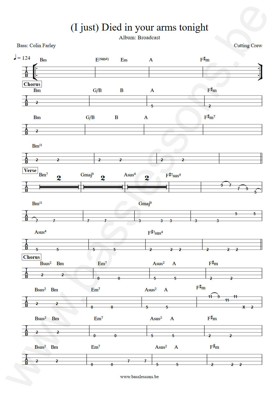 Cutting Crew Died in your arms tonight Colin Farley Bass Tab