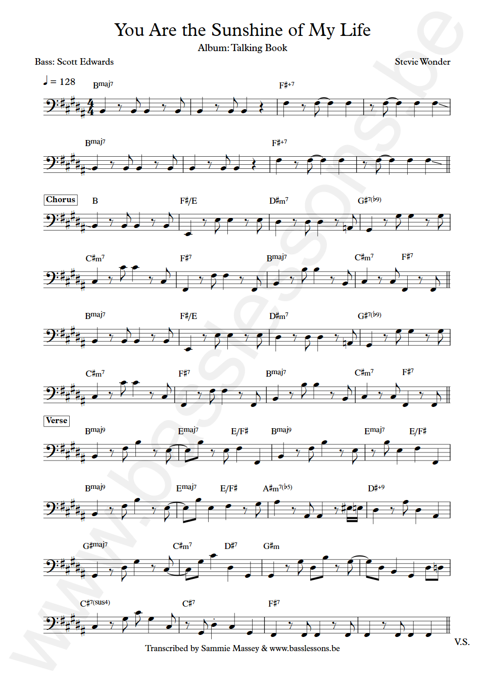 Stevie Wonder You Are The Sunshine Of My Life Scott Edwards Bass Transcription