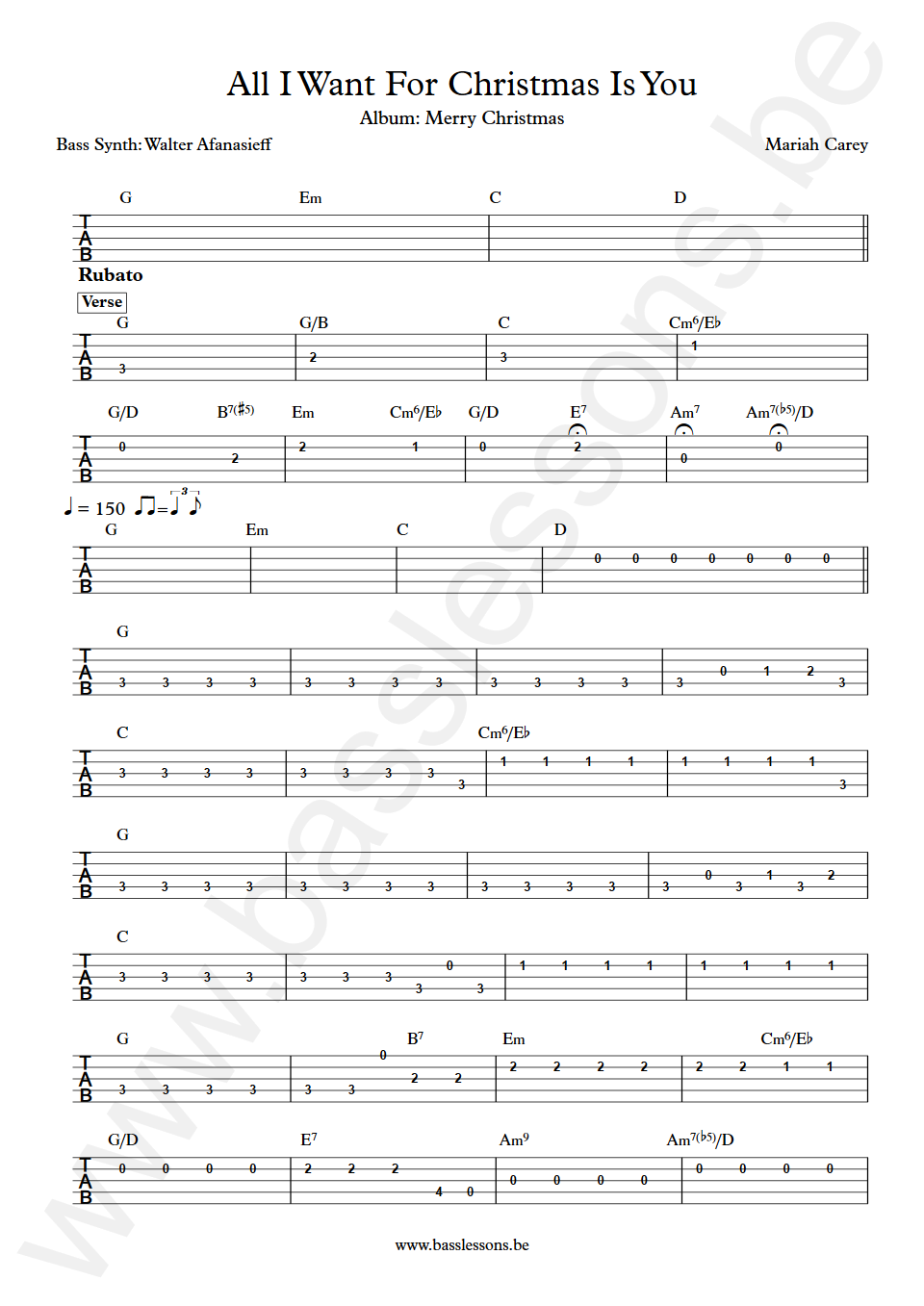 Mariah Carey All I Want For Christmas Is You Walter Afanasieff  Bass Tab