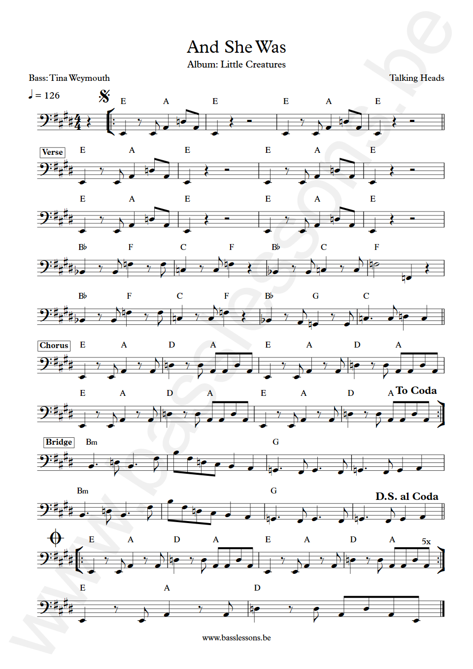 Talking Heads And She Was Tina Weymouth Bass Transcription