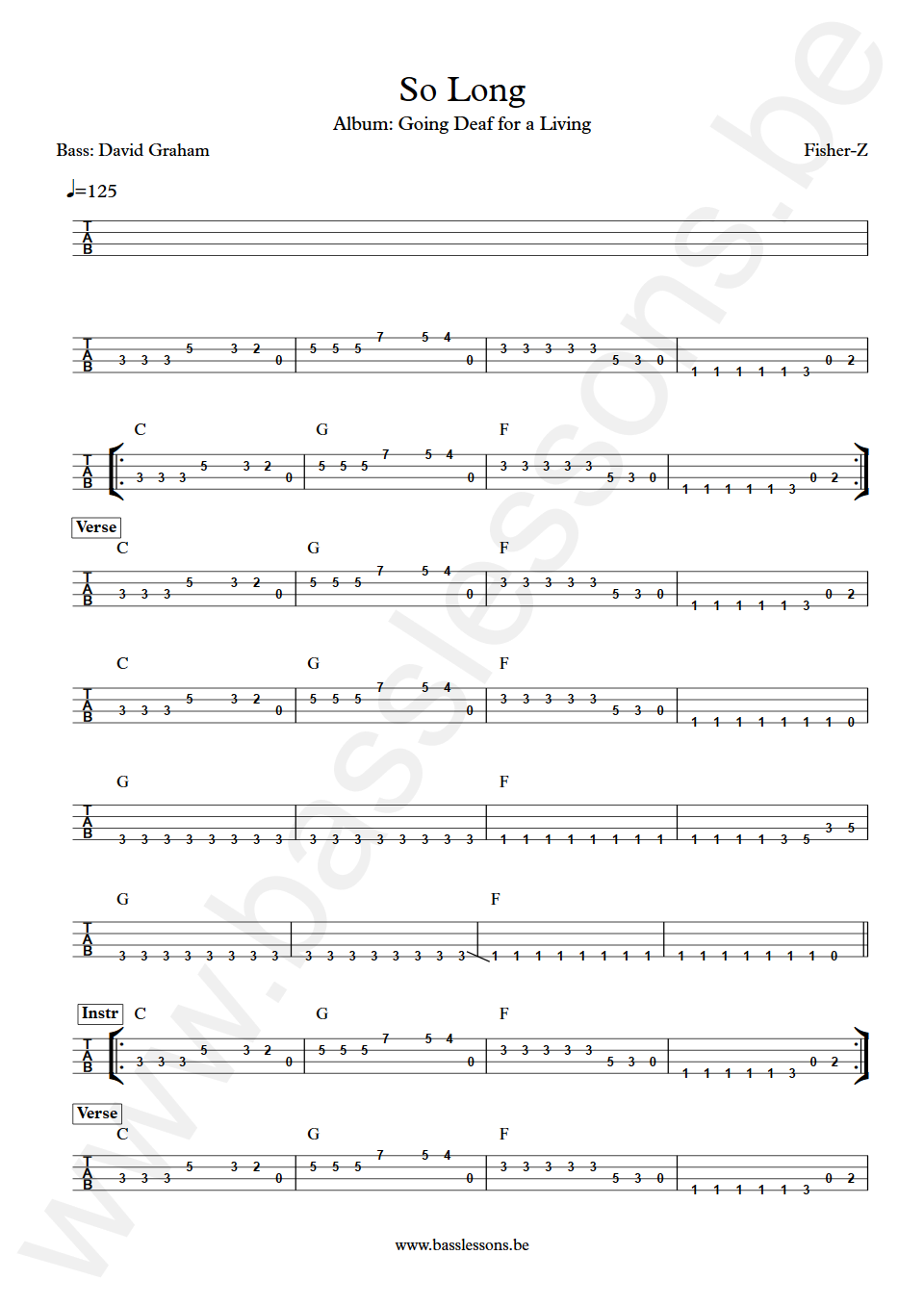 Fischer-Z So Long David Graham Bass Tab
