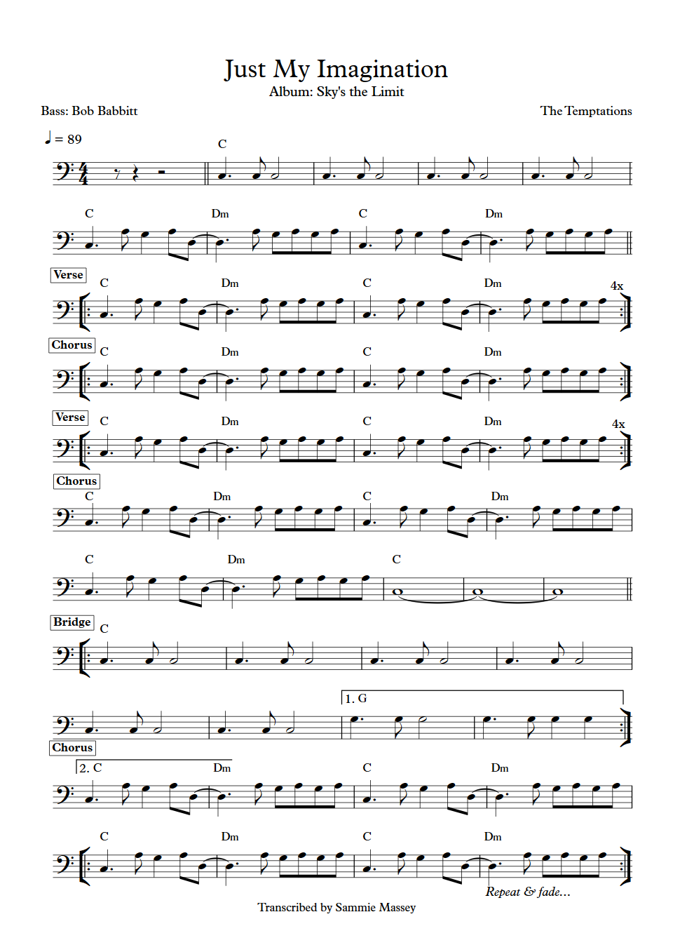 The Temptations Just My Imagination James Jamerson Bass Transcription