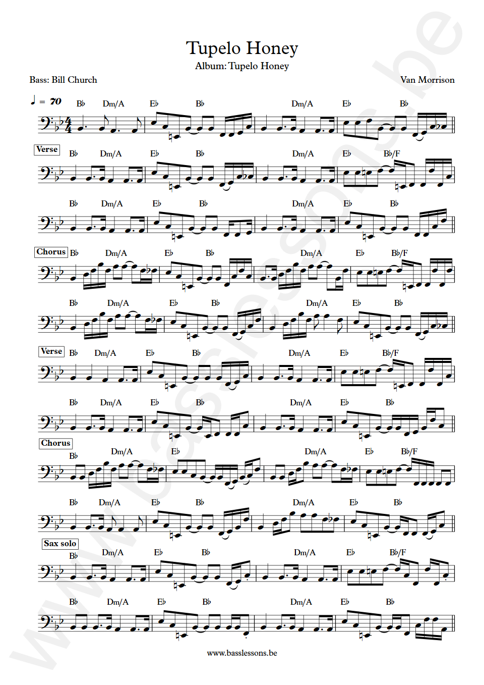 Van Morrison Tupelo Honey Bill Church Bass Transcription