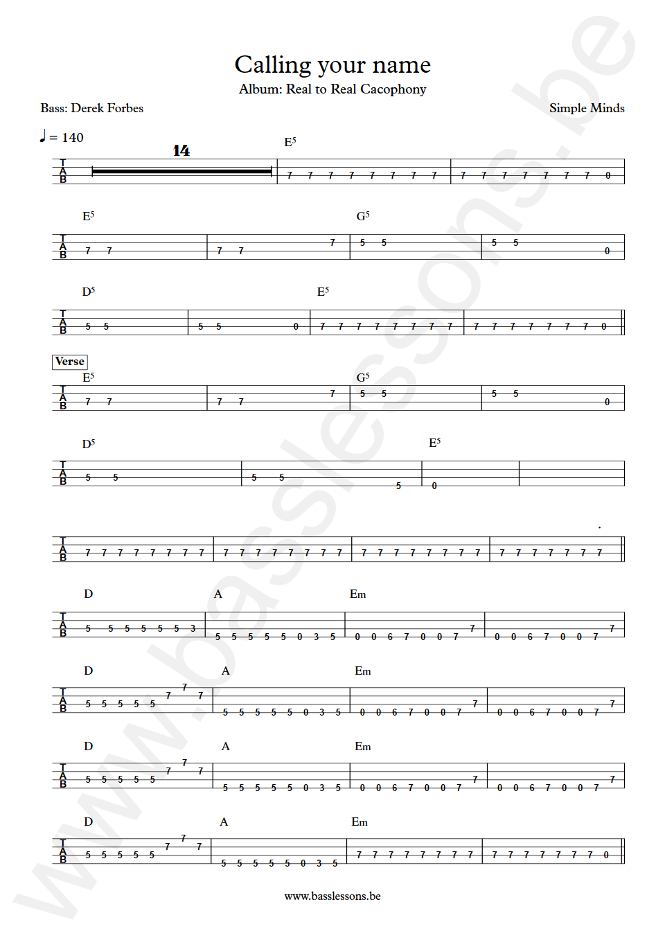 Simple Minds Calling your name Derek Forbes Bass Tab