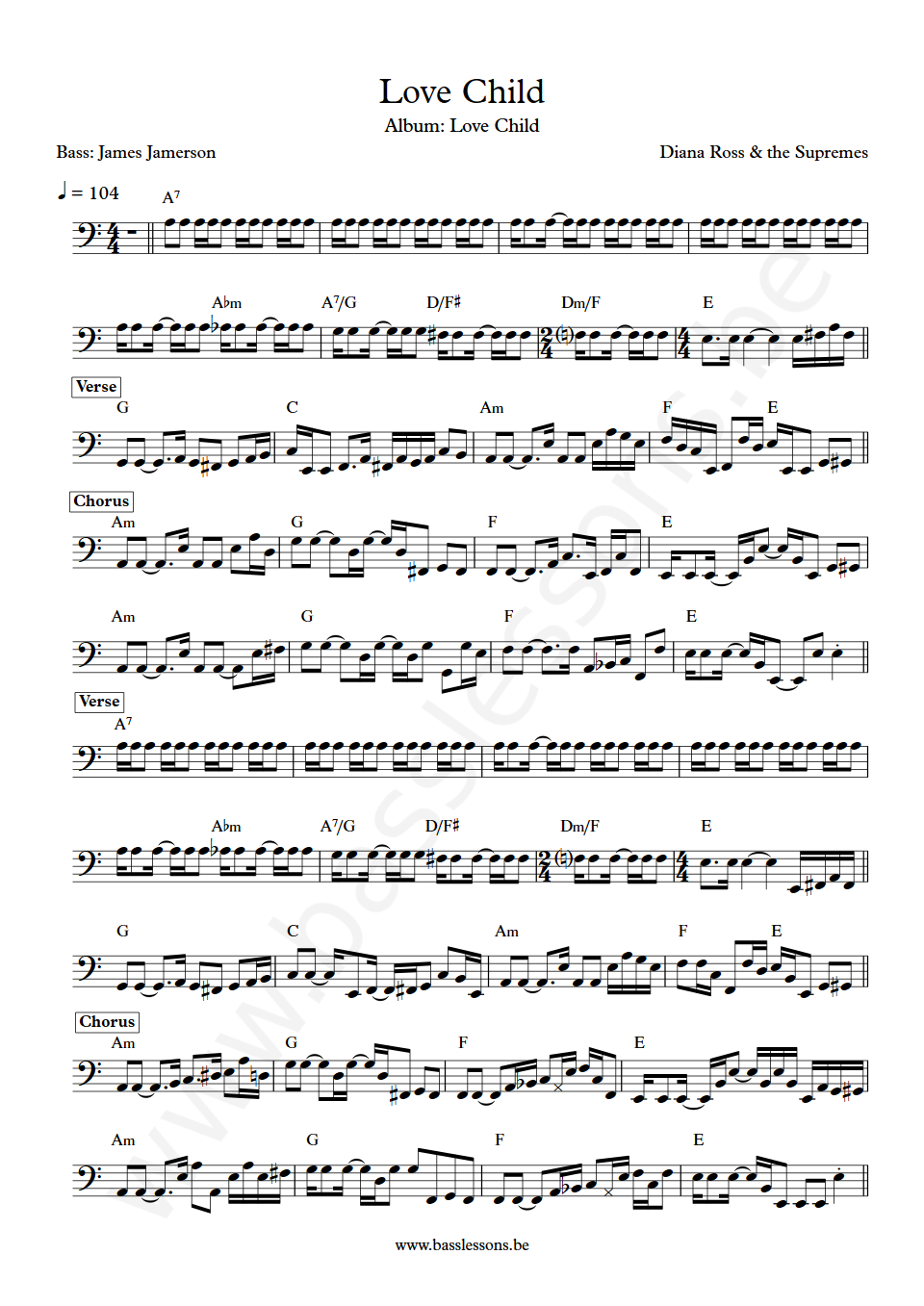 Diana Ross & the Supremes Love Child James Jamerson Bass Transcription