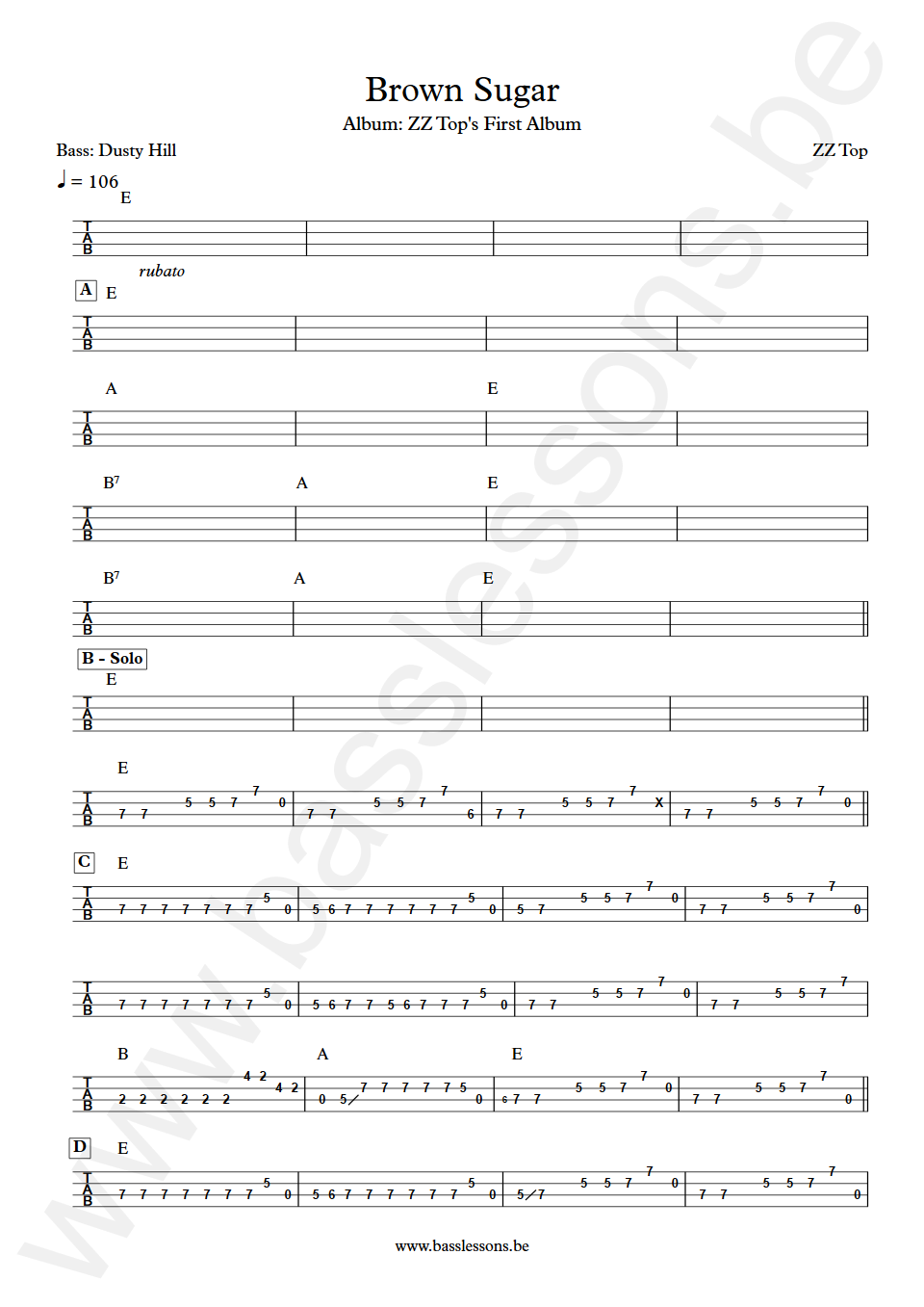 ZZ Top Brown Sugar Dusty Hill Bass Tab