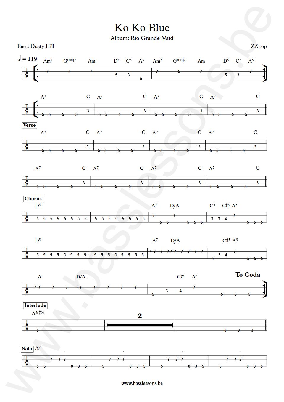 ZZ Top Ko Ko Blue Dusty Hill Bass Tab