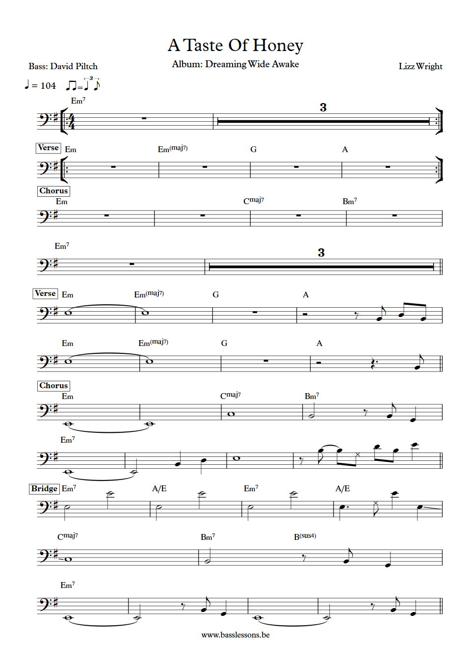 Lizz Wright A Taste Of Honey David Piltch Bass Transcription